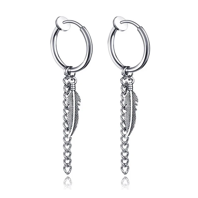 Feather B Silver Новое поступление серьги-гвоздики из нержавеющей стали крест звезда Скорпион кисточкой для женщин мужчин Мода хип-хоп подарочные украшения для ушей - Окраска металла: Feather B Silver