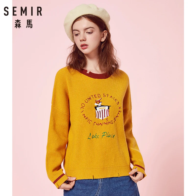 SEMIR Женский вязаный свитер с вышивкой в рубчик контрастной отделкой пуловер
