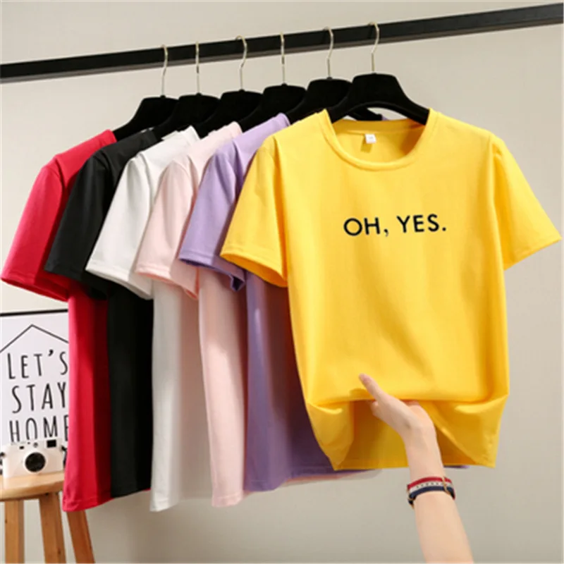 Женская футболка с буквенным принтом Oh Yes желтая круглым вырезом и коротким