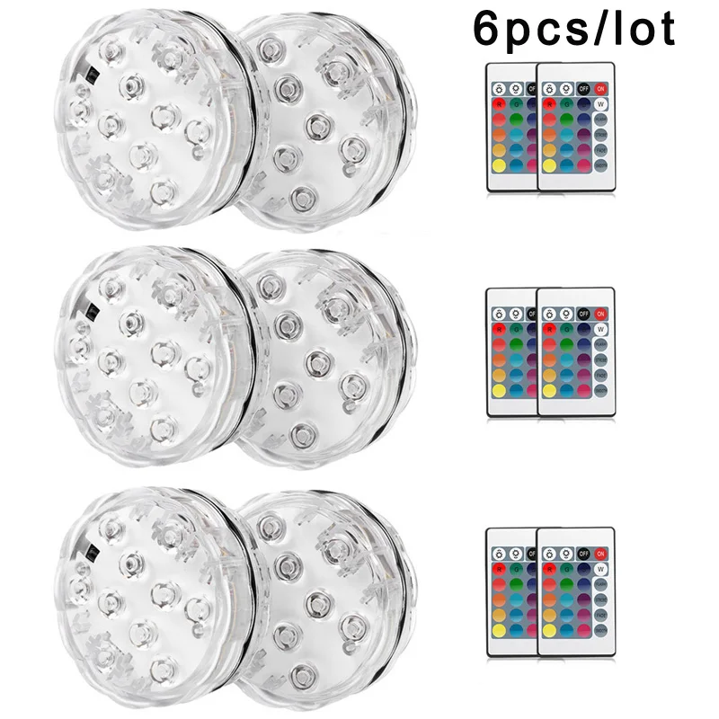 6pcs Подводный светодиодный светильник, погружной, IP68, водонепроницаемый, на батарейках, с дистанционным управлением, многоцветный, 10 светодиодный, RGB, ночной Светильник для бассейна - Испускаемый цвет: 6pcs