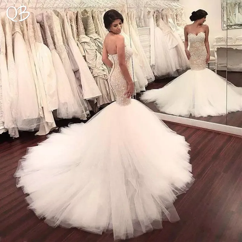 Сексуальные свадебные платья 2019 Русалка Милая с оборками со шлейфом кружевные