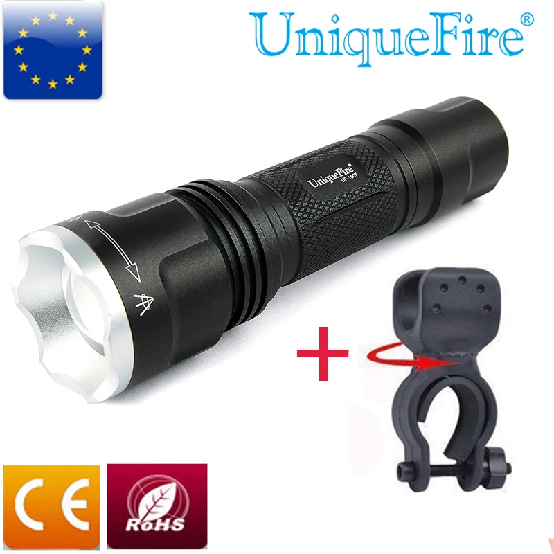 

UniqueFire 5 Modes Black Flashlight UF-1507 20mm Convex Lens XM-L2 White Light LED Torch+Bicycle Holder Clip Free Shipping