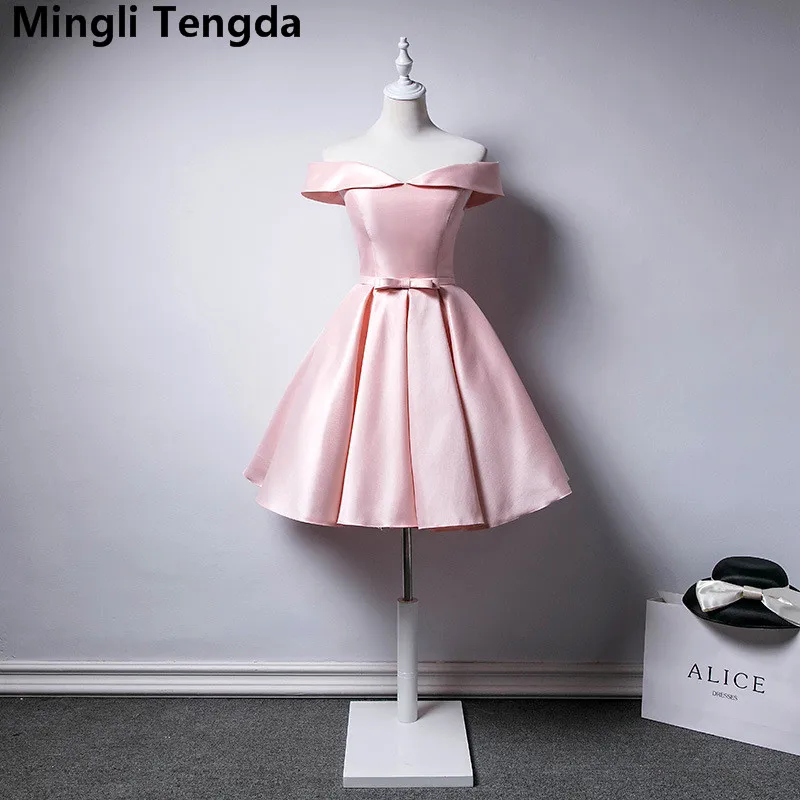 Mingli Tengda 2018 Pink Off the Shoulder Bridesmaid Dresses Short Boat Neck Dress Plus Size Satin Wedding Party | Свадьбы и