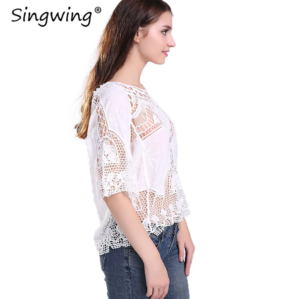 Однотонная кружевная повседневная женская блузка рубашки ажурные половинчатые