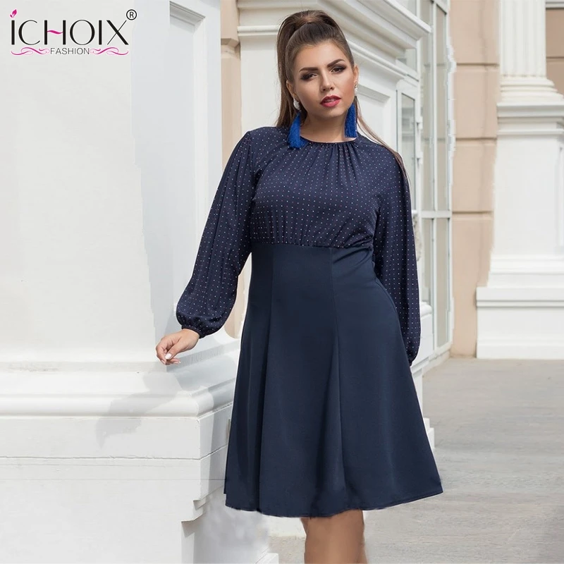 5XL 6XL осеннее элегантное женское платье большого размера в горошек лоскутное с