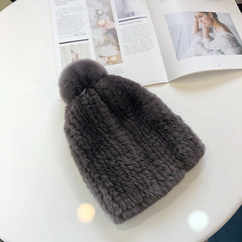 Fashion Womens Real Rex Rabbit Fur Hats with Stripe Design Cute Ladies Winter Warm Rex Rabbit Fur Caps