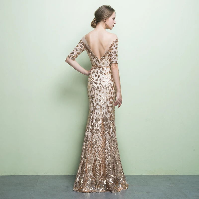 Vestido de festa с вырезом Лодочка пикантное Золотое вечерние платья пайетками