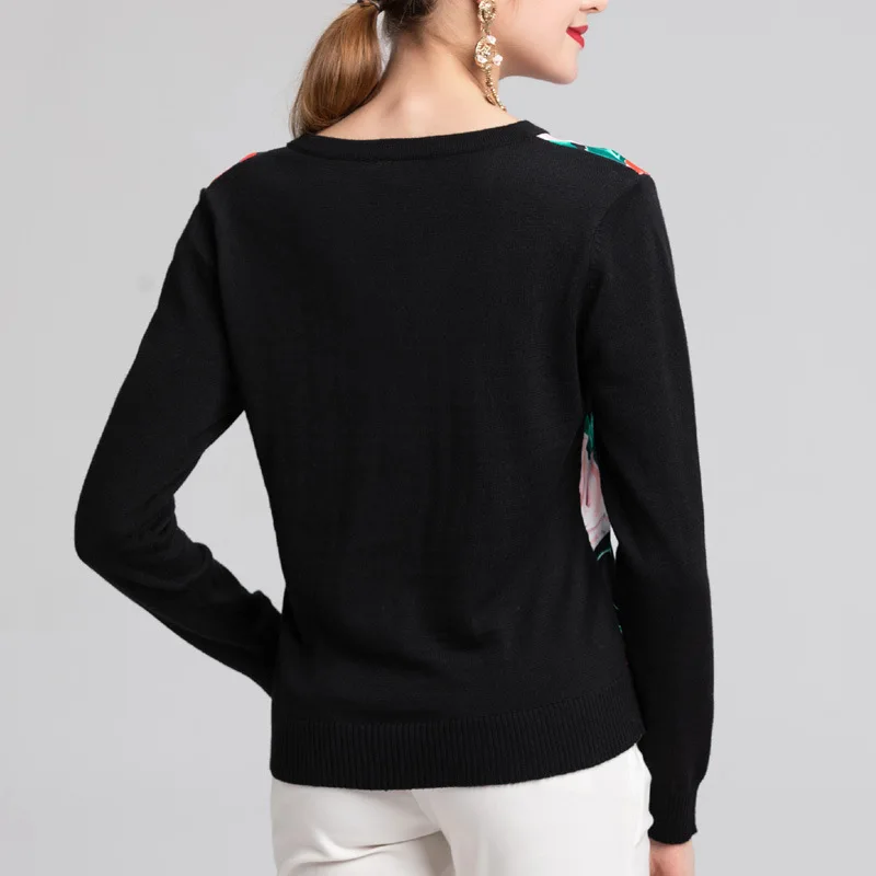 New Runway Fashion Designer Sweater Women's Elegant Rose Flower Printed Patchwork V Neck Casual Black Wool Top Shirts | Женская