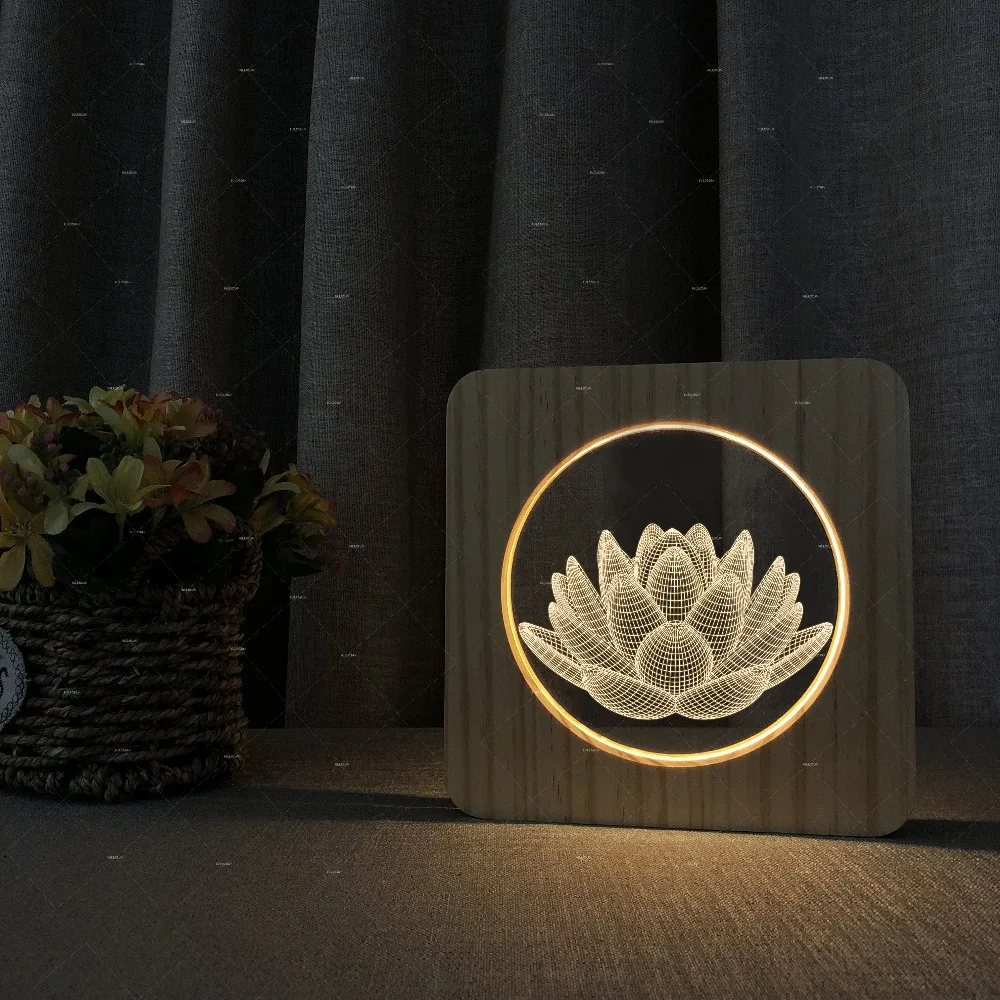3d лампа lotus design из дерева и акрила теплое белое светодиодное освещение подарок