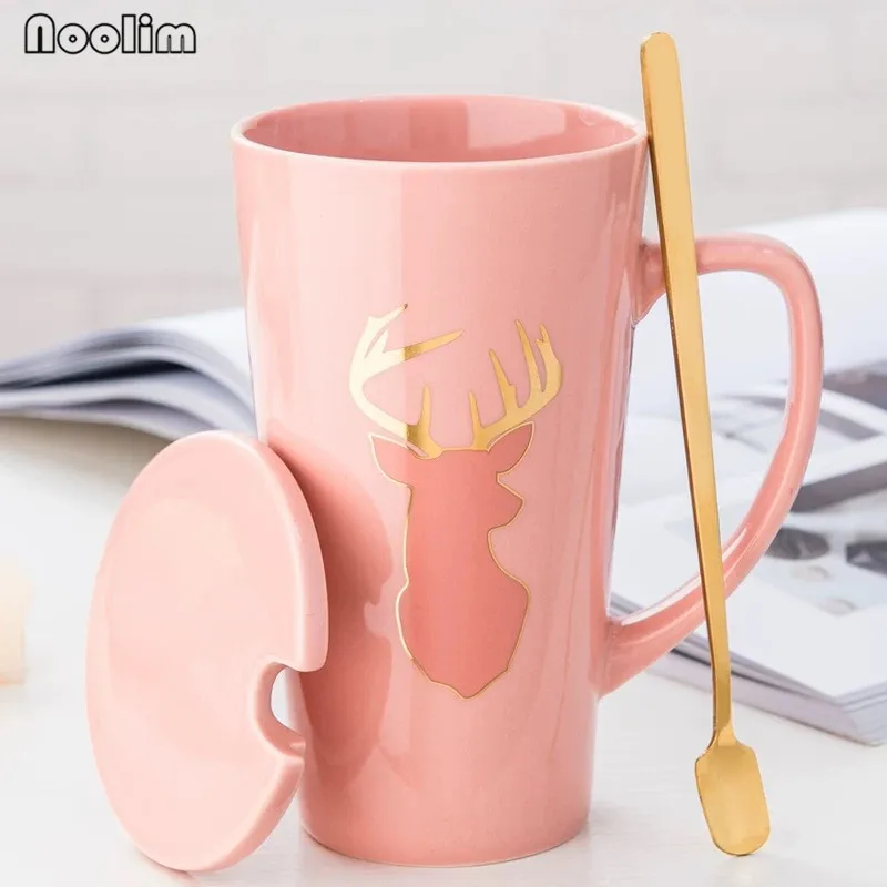 Керамическая кружка с крышкой и ложкой в скандинавском стиле изображением