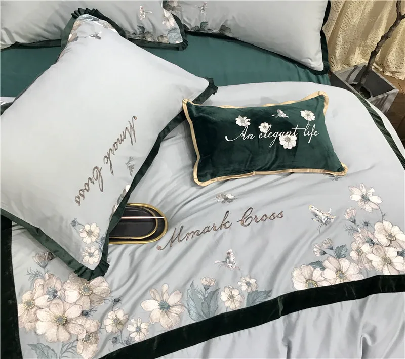 Luxury American Style 80S Egyptian Cotton Pastoral Floral Embroidery Blue Bedding set Duvet Cover Bed sheet/Linen Pillowcases | Дом и сад