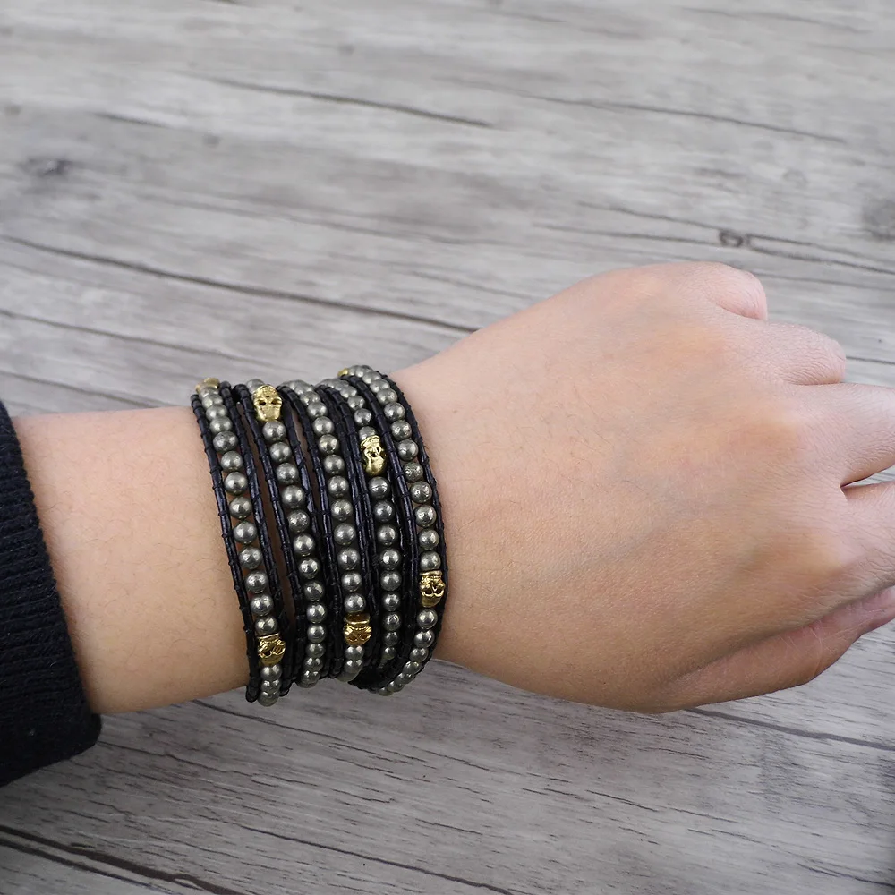 Пирит wrap череп бусы браслет кожаный Бохо Браслет yoga jewelry палантины barcelet