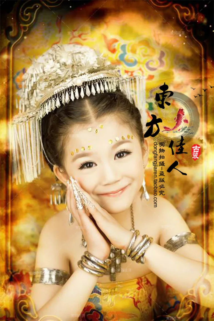 Желтый нежный атласный костюм для девочки Little Mizang фотосъемки ханьфу маленькой