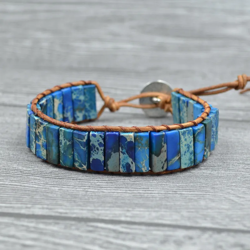 Браслет Boho с голубым узором из натурального камня кожаный браслет камнем манжеты