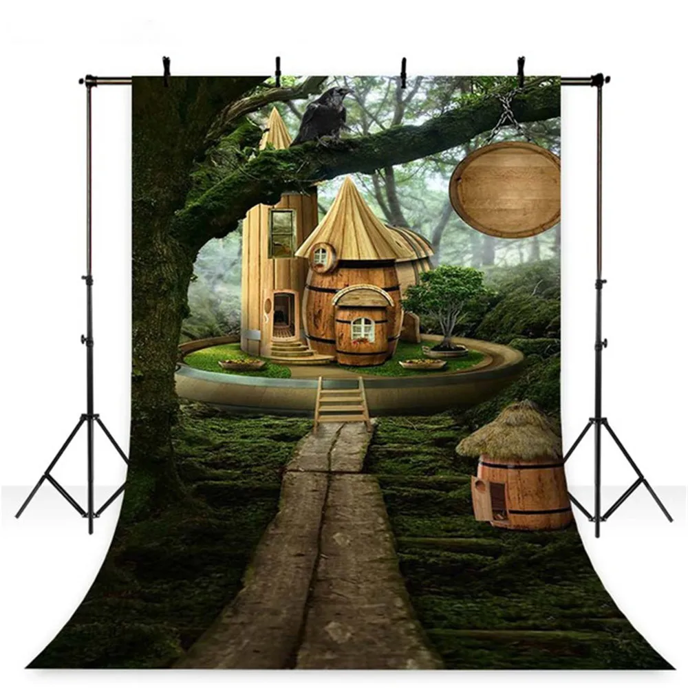 Fairy Tale Forest Backdrop for Photography Printed Wooden Houses Stone Path Tree Kids Children Party Themed Photo Background | Электроника