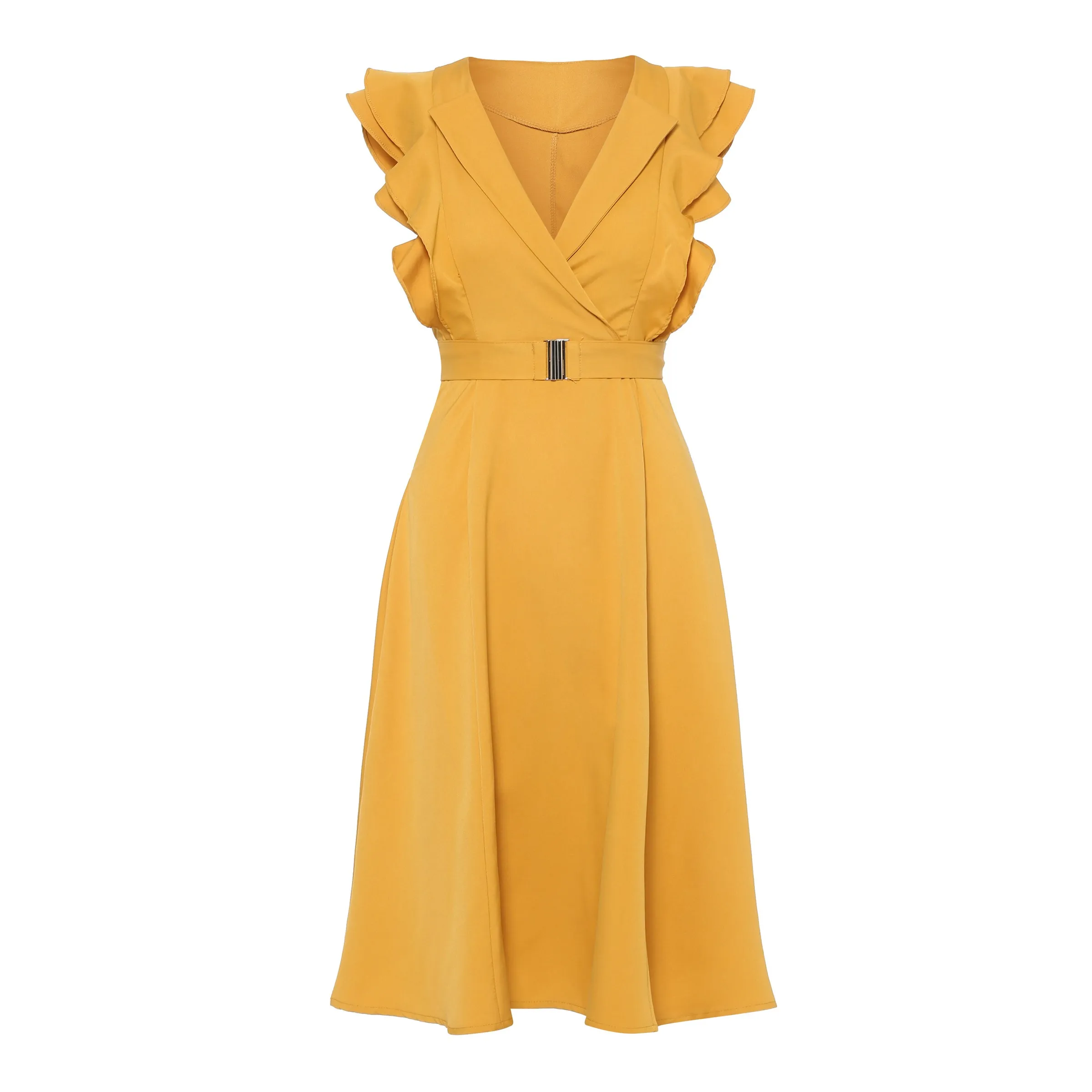 Желтое платье женское плиссированное без рукавов с волнистым вырезом на