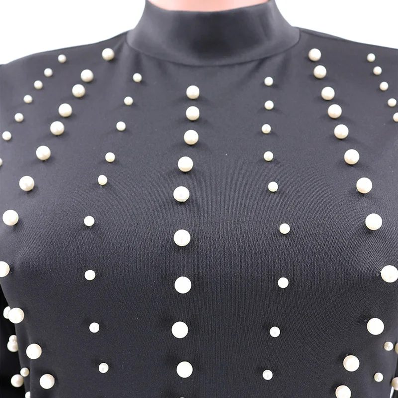 

Pearls beading bodycon dress Women long sleeve sheath dresses Black turtleneck sexy party dress Summer vestidos mujer 2019