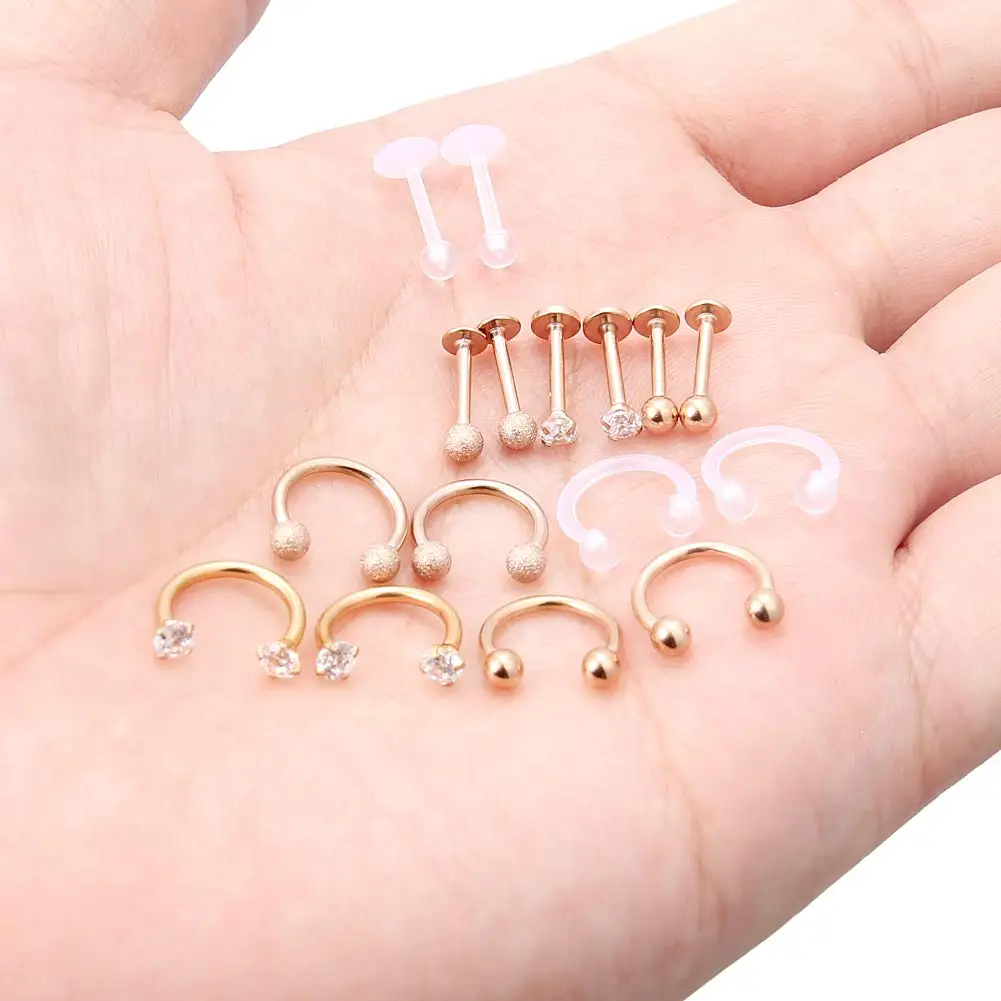 

16Pcs Surgical Steel Lip Clear CZ Labret Studs Tragus Horseshoe Helix Hoop Earring Body Jewelry Piercing