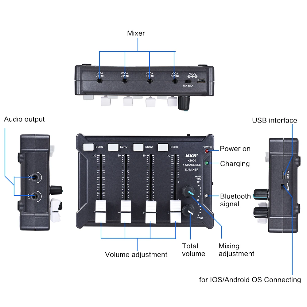 

Professional Mini Pocket 4-Channel mono Stereo Audio DJ Sound Mixer USB Powered BT Connecting Mobile Phone Blue