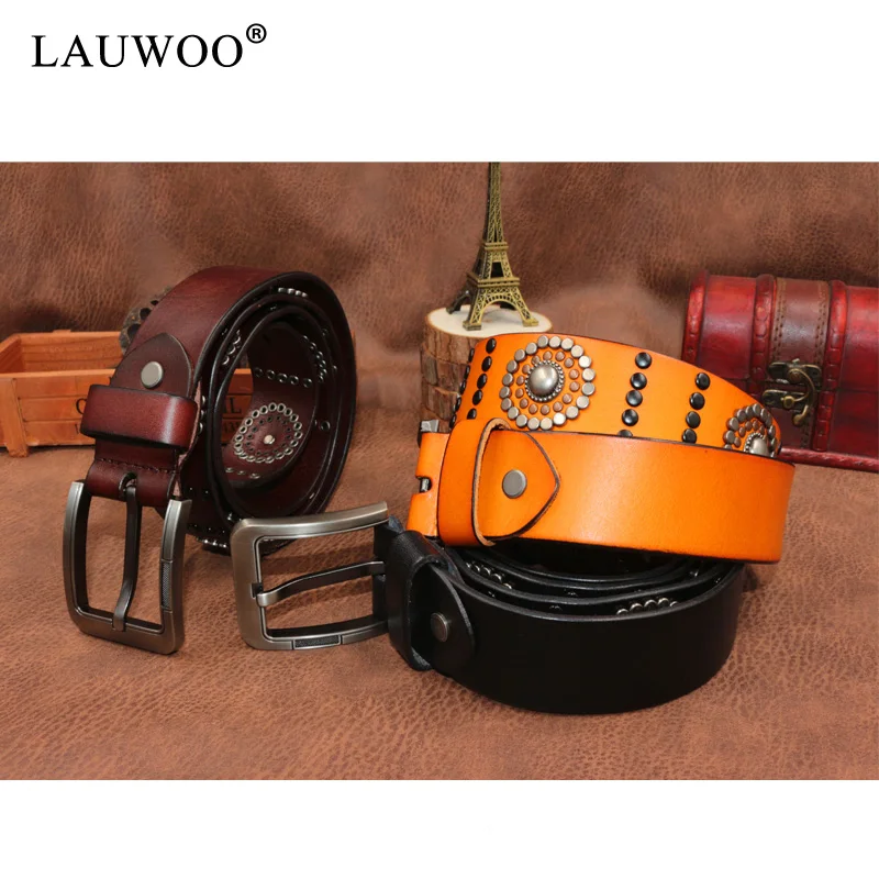 LAUWOO, ремень унисекс в стиле ретро, в горошек, с металлическими заклепками, ремни в стиле панк, ретро, Римский стиль, ремень ручной работы из натуральной кожи Cinto