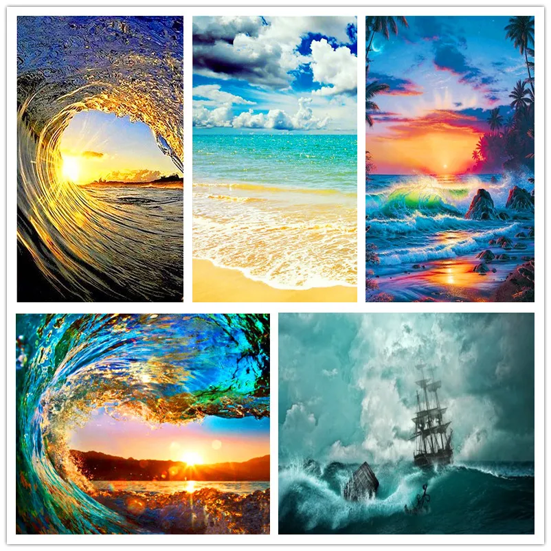 Продажа оптом бриллиантовой вышивки Картина заката на море с волнами, полный мозаичный рисунок из стразов, крест-стежок.