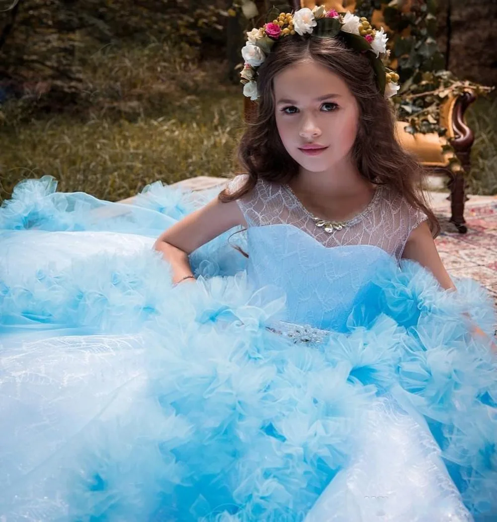 

Cute Ruffle Sky Blue flower girl dresses beaded crystal cap short sleeves girls dresses for party ball gown vestido longo