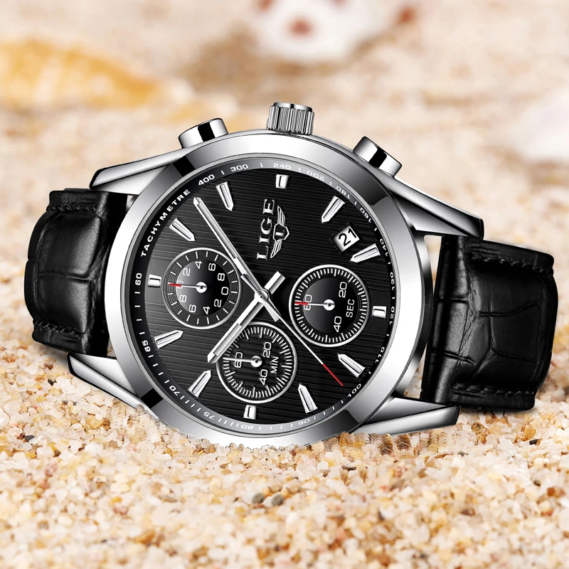LIGE модные Повседневное Для мужчин Топ Бренд роскошные кожаные кварцевые