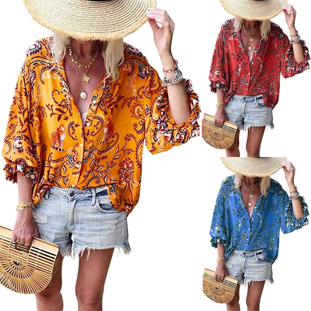 JAYCOSIN Blouse Womens Button sexy V-Neck Floral Print Tops Ruffle Sleeve Summer Shirt Blouses Femme Streetwear 2019 new fashion | Женская