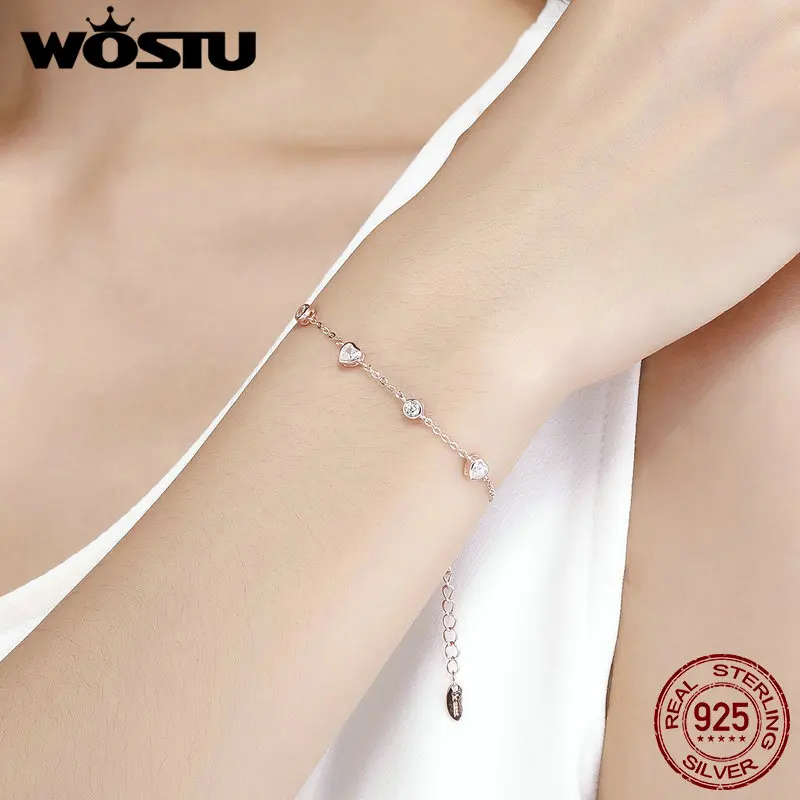 WOSTU, дизайн, 925 пробы, серебряный и золотой цвет, милое сердце, звено, цепочка, браслет для женщин, Серебряное ювелирное изделие, подарок для жены, FIB097