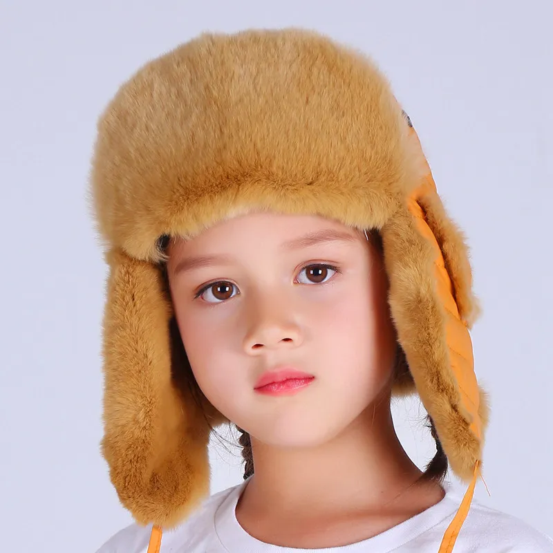 Зимняя русская меховая шапка, детская шапка, теплый мягкий Настоящий мех кролика, мальчик, наушники для девочек, Lei Feng, Милая Детская меховая шапка-бомбер - Цвет: color6