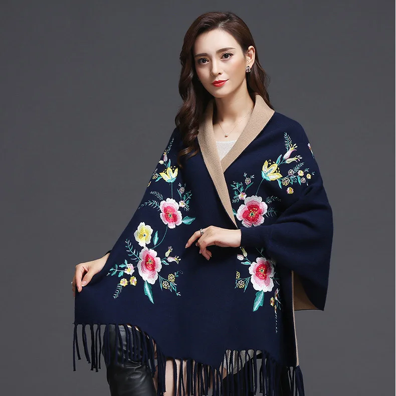 navyblue Женский шарф, большие размеры, зимние шарфы, шаль, с вышивкой, толстая, теплая, с кисточками, хлопок, шерсть, пончо, Цветочный, женский шарф, накидка - Цвет: navyblue