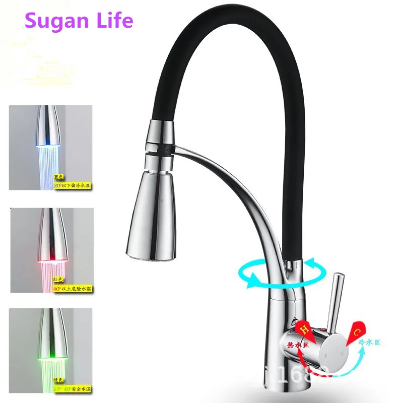 Sugan Life LED Трехцветная медная пружина двойная розетка для кухонной раковины кран