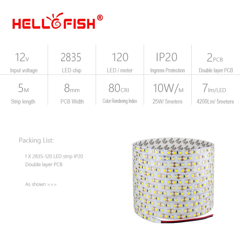Hello рыбы 5 м двойной слой печатной платы 600 Светодиодные ленты 2835 SMD 12 В гибкий