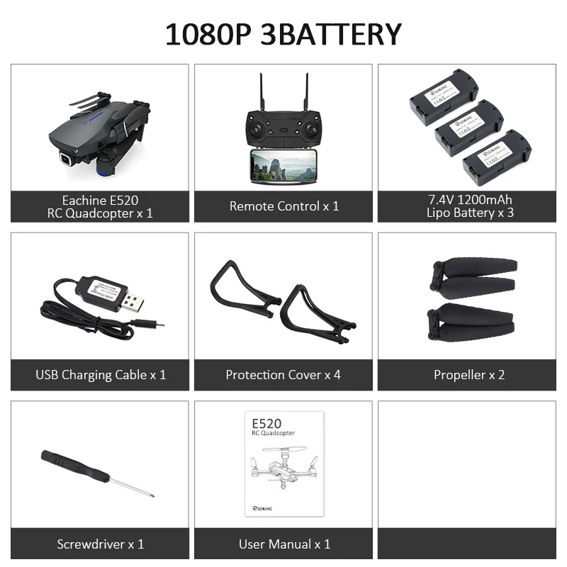 1080P 3Batteries Eachine E520 Wi-Fi FPV Дрон 4 K/1080 P HD широкоугольная камера высота удержания Складная воздушная видео Квадрокоптер самолет Модернизированный E58 - Color: 1080P 3Batteries