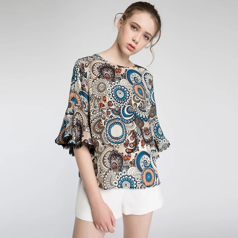 Женская павлин печати шелковая рубашка 2017 лето леди уникальный flare рукава
