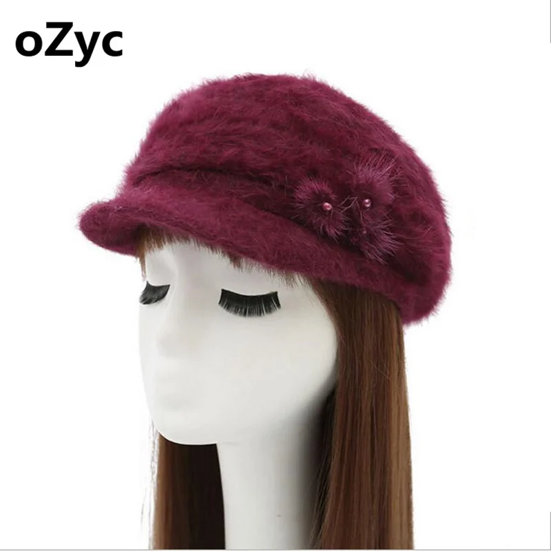 Winter 100% Rabbit women hat flowers Blending girl Berets cap Knit Crochet hats Warm soft solid warm fashion caps | Аксессуары для