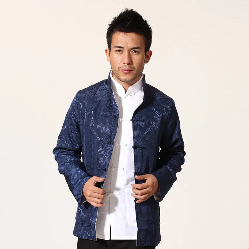 Синий Серебряный Китайский Мужской атласный пиджак Двустороннее пальто кунг фу