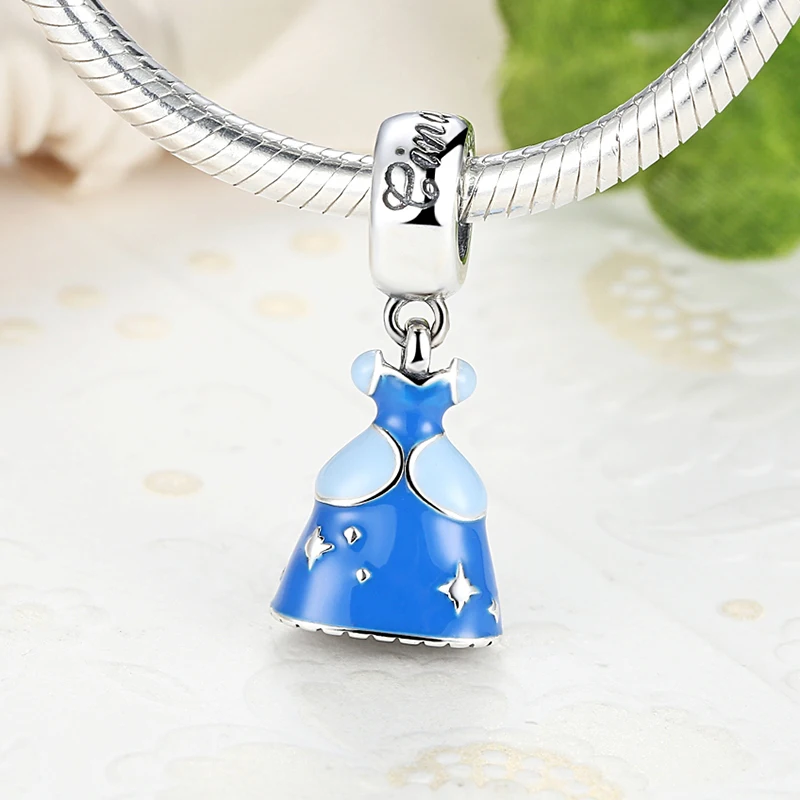 925 Sterling Silver Jewelry Blue Enamel Cinderella Dress Dangle Pendant Charm Fits Pandora Bracelet Necklaces XGPA156 | Украшения и