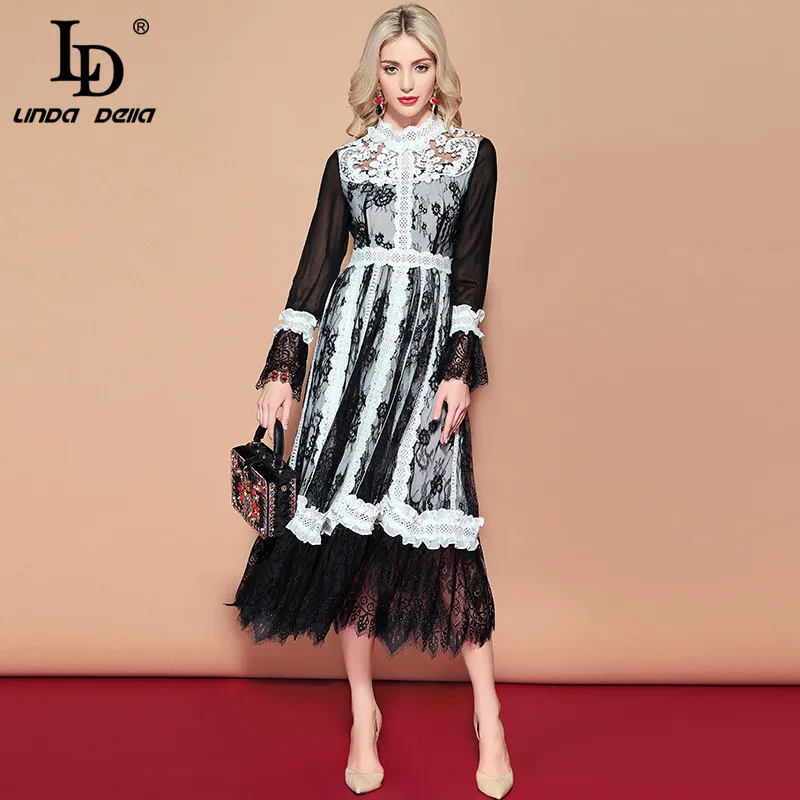 Многоцветный LD LINDA делла Модное Длинное Платье женское с длинным рукавом Кружевное Сетчатое цветочное вышитое лоскутное винтажное платье элегантное вечернее платье - Цвет: Многоцветный
