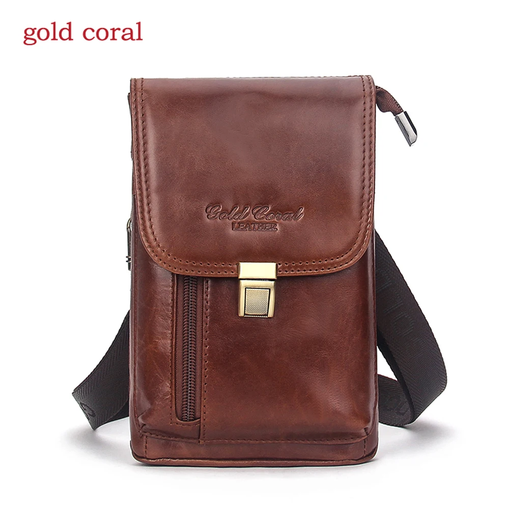 

GOLD CORAL Genuine Leather Men's Belt Waist Bag Small Fanny Pack Phone Pouch Travel Shoulder Bags Male Messenger bag Wallets