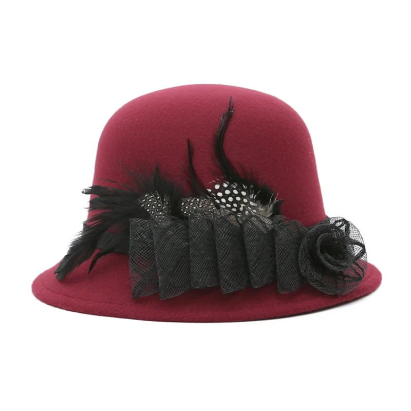 HT1234 осенне зимняя теплая женская шляпа однотонные черные красные перья
