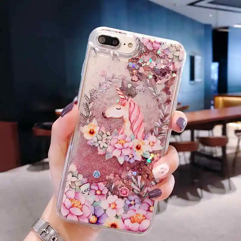 Для iphone X чехол динамический цветок Фламинго ЕДИНОРОГ розовый жидкий зыбучий