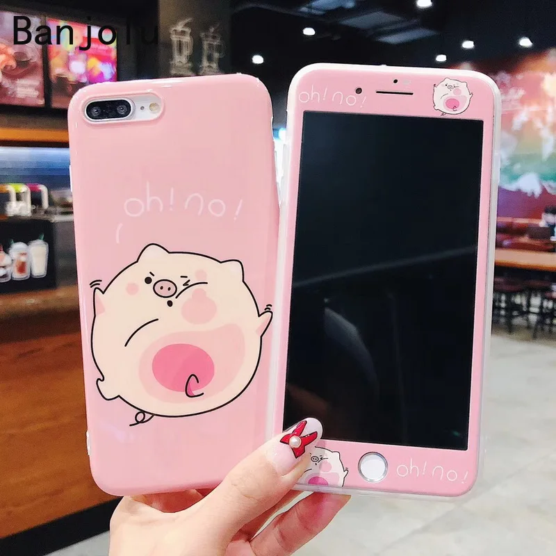 Чехол Banjolu Cute Pig Heart + Защитное стекло для экрана из закаленного стекла для телефона iPhone X XR XS MAX 8 7 6 6s Plus с мягкой задней крышкой.