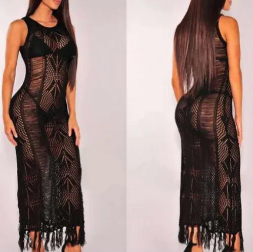 New Fashion Women Sexy Simple Tassel Beach Wear Bikini Cover Up Swimwear Sheer Sarong Dress Women's Hollow Out Summer Sunsuit | Женская