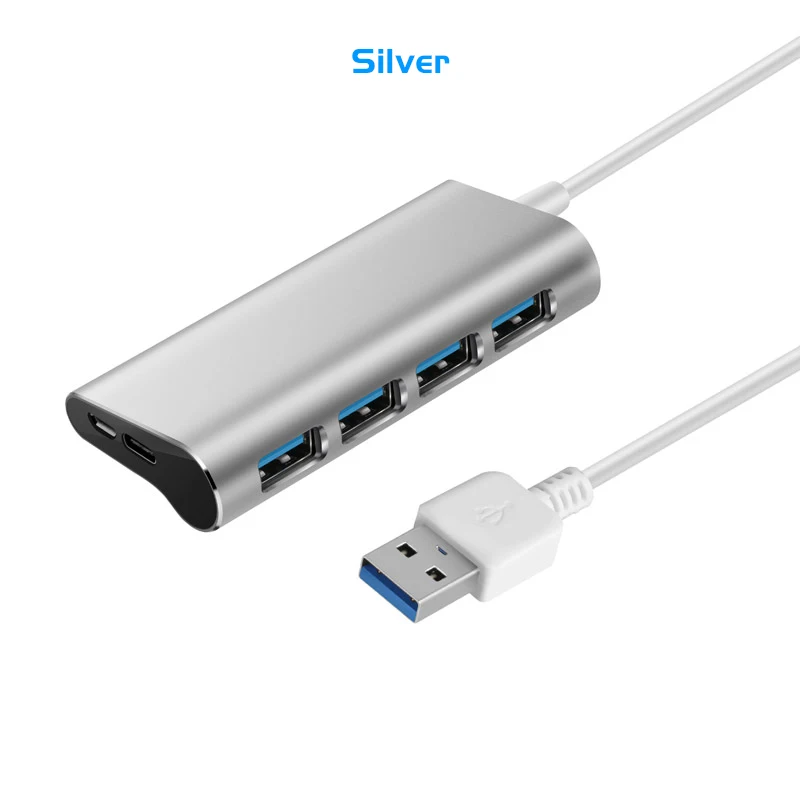 Silver 60cm 4-портовый Алюминий сплава USB 3,0 концентратор 5 Гбит/с супер Скорость 0,6 м/1 м usb-хаб Тип-C Micro Зарядка через usb разветвитель для настольного компьютера ноутбука - Цвет: Silver 60cm