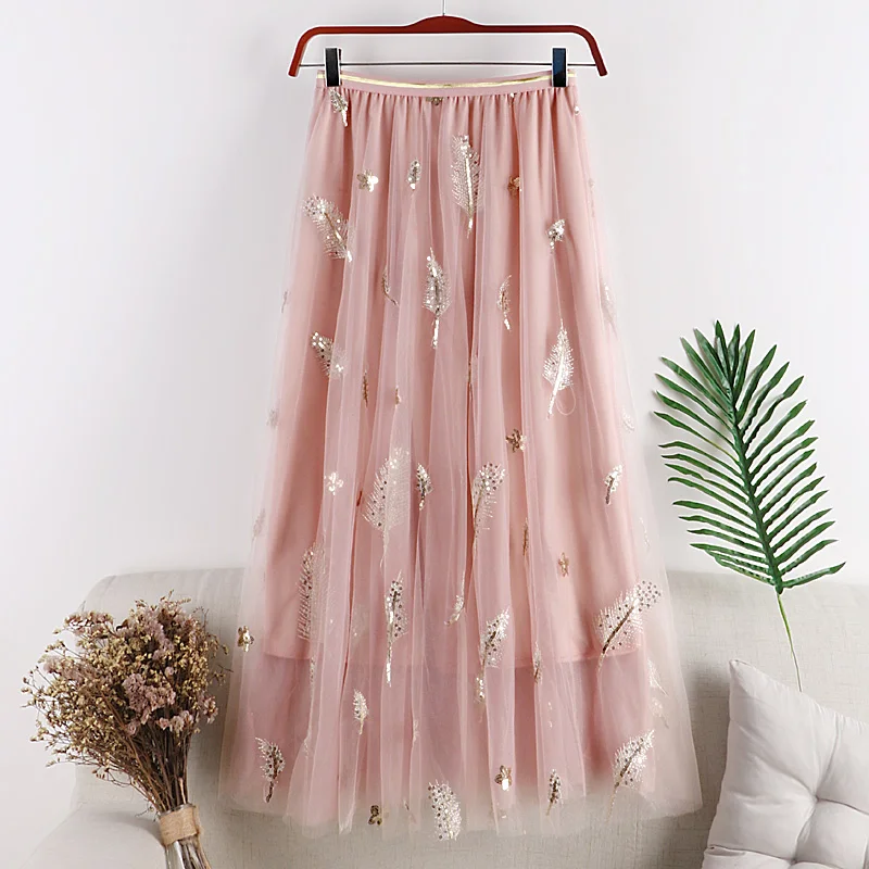 Женская фатиновая юбка с вышивкой весна лето 2019 средней длины эластичной высокой