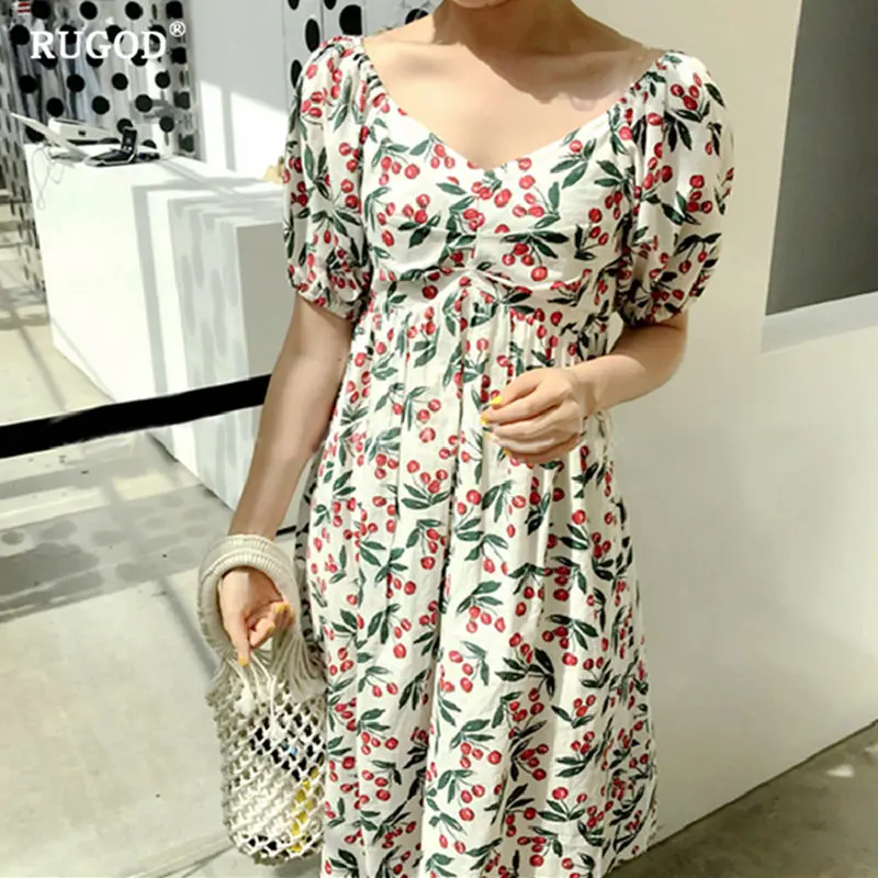 Женское платье с вишневым принтом RUGOD повседневное облегающее v-образным вырезом