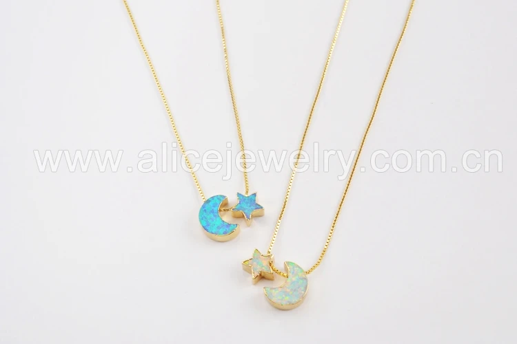 BOROSA New Arrivals! 5PCS 17inch Crescent& Star Gold Color Gems Man-made Opal Pendant Beads Necklace women Jewelry G1573