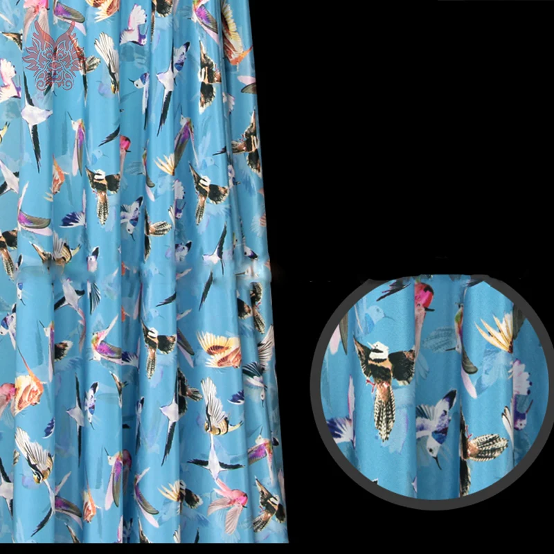 Весна Лето 100% шелк крепдешин ткань для платья Белый Синий прекрасная птица