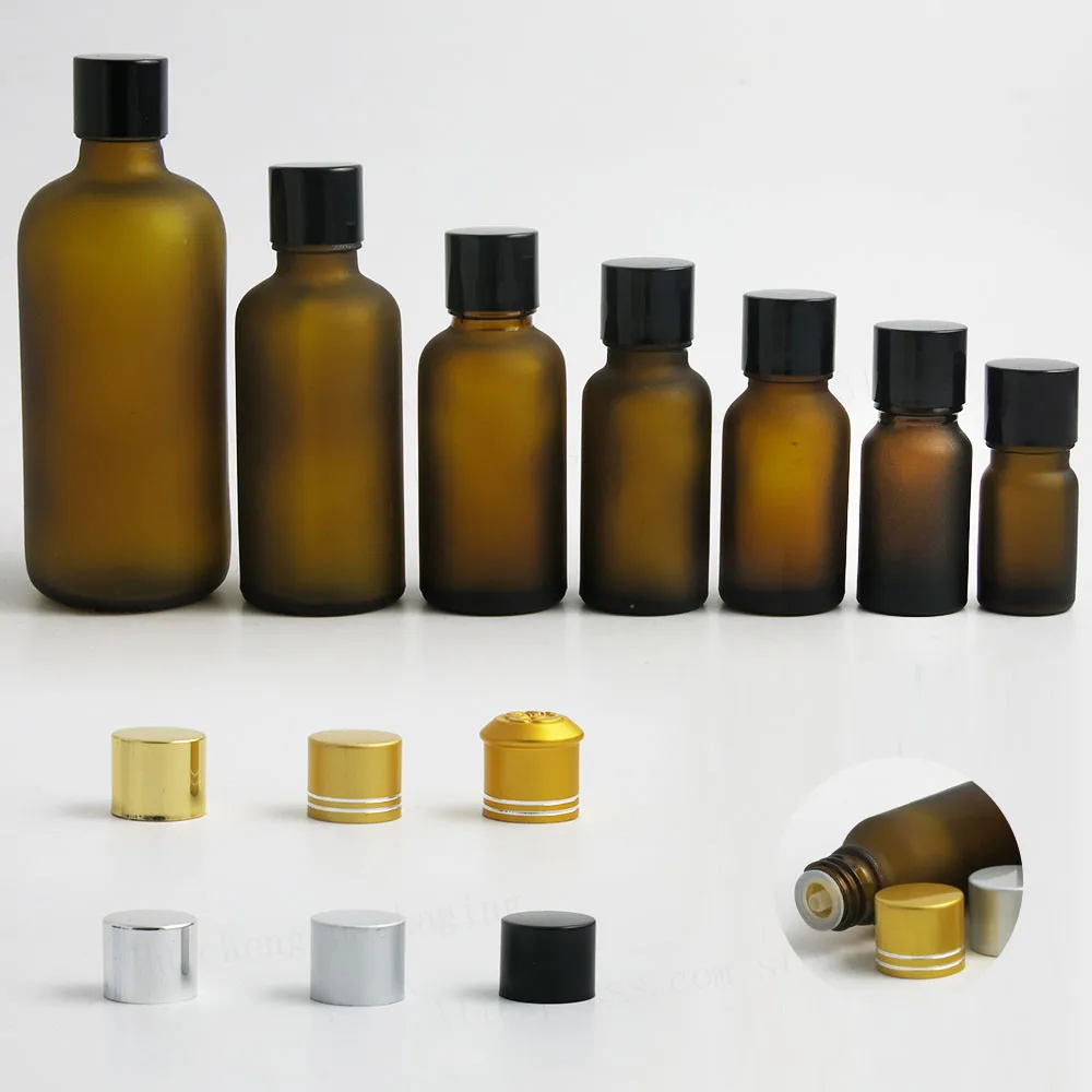 

12 x 100m 50ml 30ml 20ml15ml 10ml 5ml Frost Amber Boston Round Essential Oil Bottles Containers with Dropper Aluminum lids